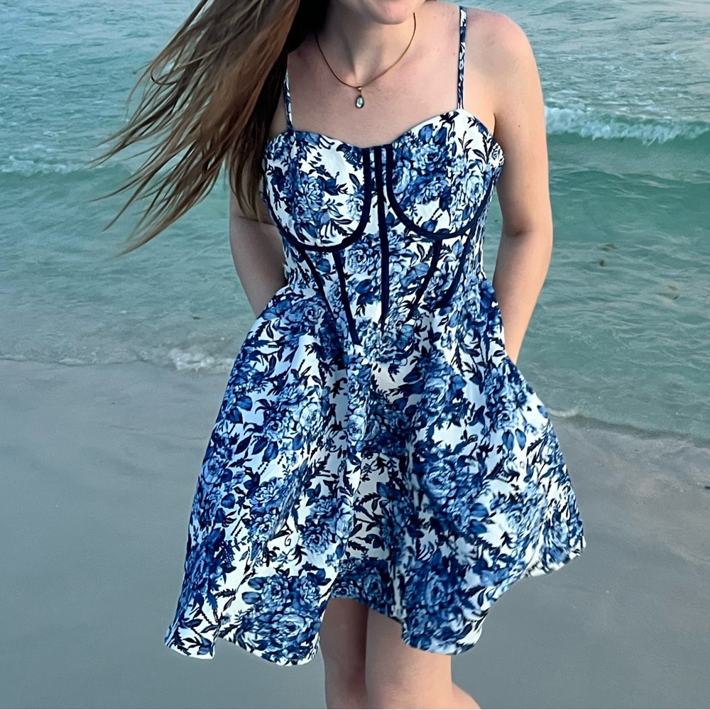 Joan Corset Floral Mini Medium Dress Toile Boning Look